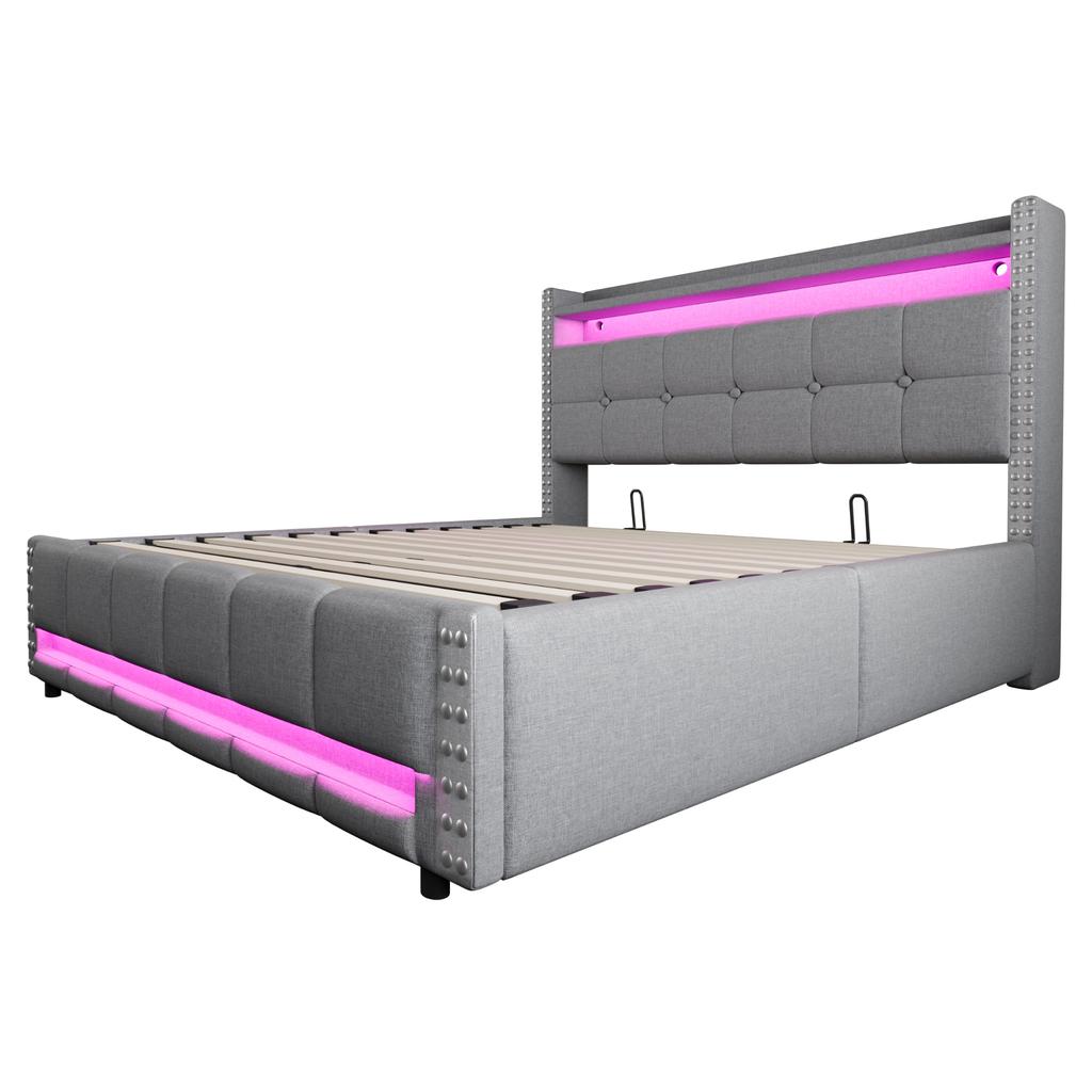 Upholstered Bed 160*200cm with LED Lighting and USB Socket, Headboard with Shelves and Storage, With Hydraulic for Storage, Linen Fabric Light Grey