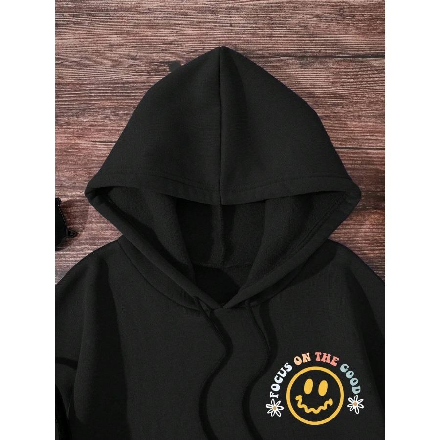 Konzentriere dich auf das Gute Lustiger Buchstaben-Grafikdruck Kapuzenpullover Frau Fleece Weiches Sweatshirt Locker S-XXL Kapuzen-Lässig-Mode Warmer Hoodie