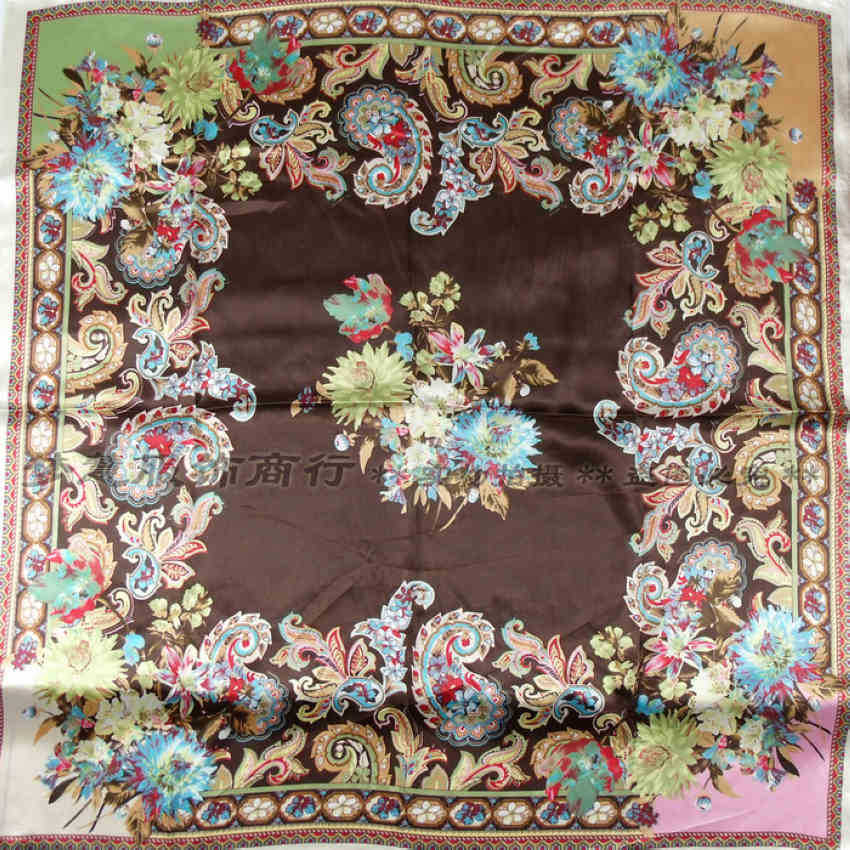 New Style Female Satin Red Big Square Silk Scarf Printed, Women Coffee Silk Scarf Hijab Wraps For Summer,Autumn 90*90cm