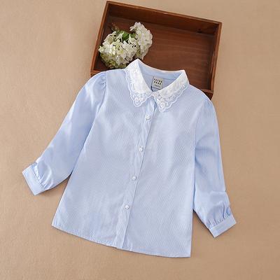Girls'Long Sleeve Shirt Kids Lace Collar Blouse Fit for Ages 5 To 12 Years 100% Cotton Everyday Wear Blue Striped Clothes for Children