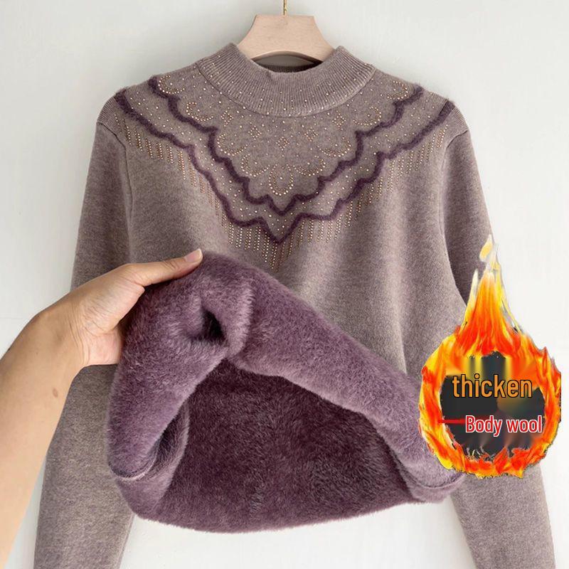 Dámský zimní svetr s polovičním vysokým límcem a silným fleecem - Módní volný střih