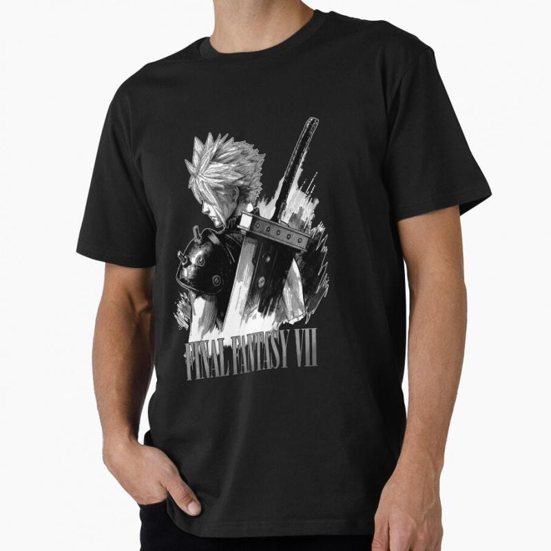 black white final fantasy vii Game Gift T shirt for RPG gamer 100% cotton Short Sleeve Graphic