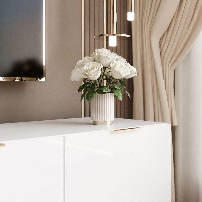 ANGEL TV Stand - with LED - 200x40x49 Cm - 4 Doors with Handles - Glossy White