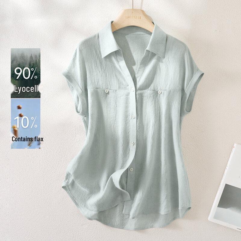 IHIMI Women s Lyocell-Linen Blend Textured Short-Sleeve Shirt M