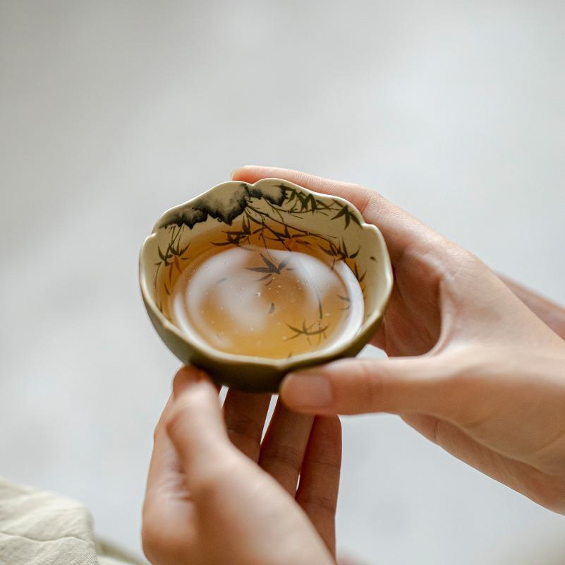 Hand Painted Golden Bamboo Antique Ceramic Master Cup Kung Fu Tea Set Flower Mouth Tea Cup Household Tea Cup