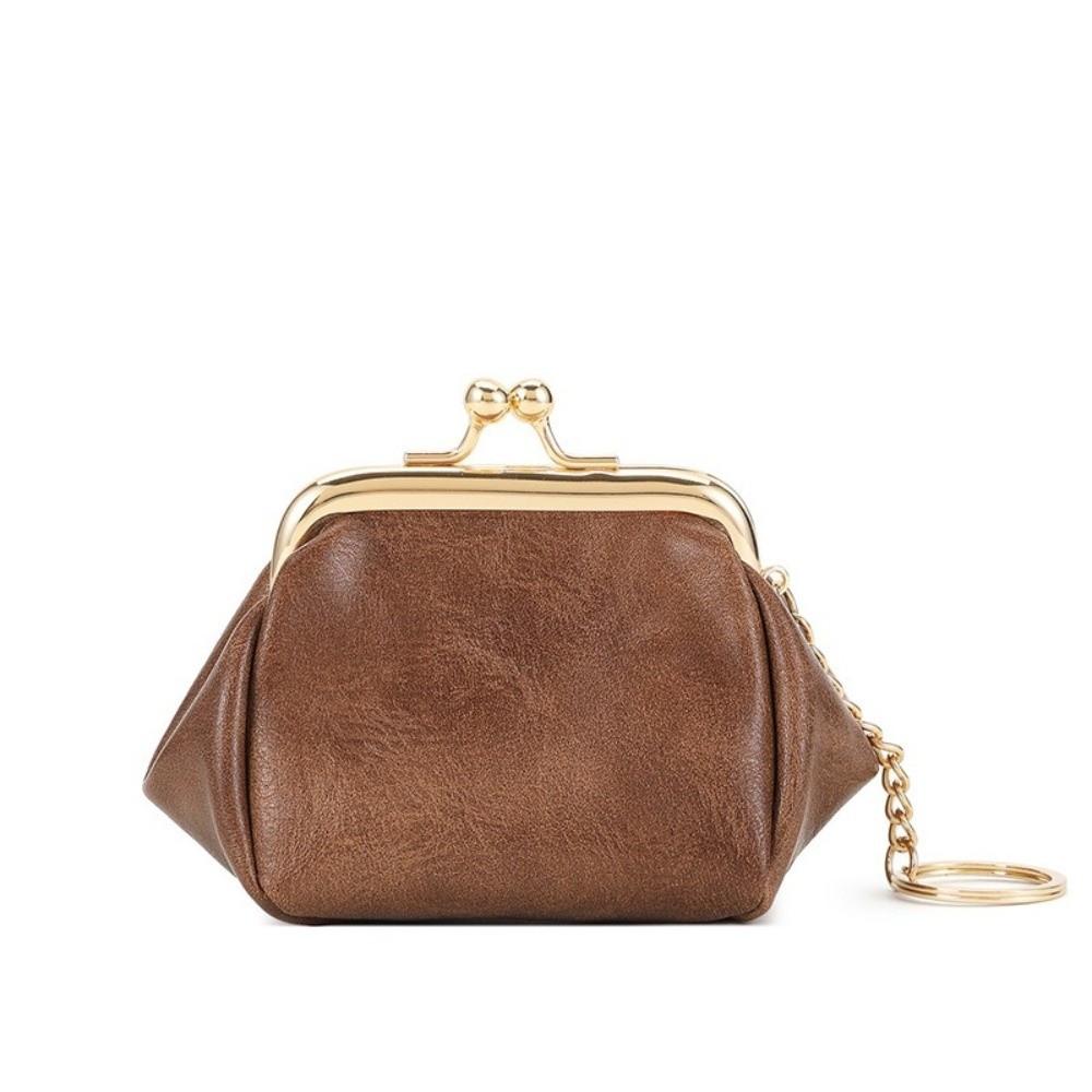 

Cute Solid Color Coin Purse Mini Compact Portable Kiss Lock Wallet PU Leather Keychain Bag коричневий