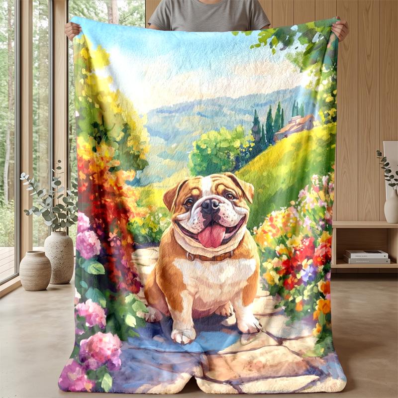 Bulldog Floral Pattern Blanket Personalized Name Flannel Blanket Soft Cozy Plush Throw for Sofa Bed Lightweight Home Decor