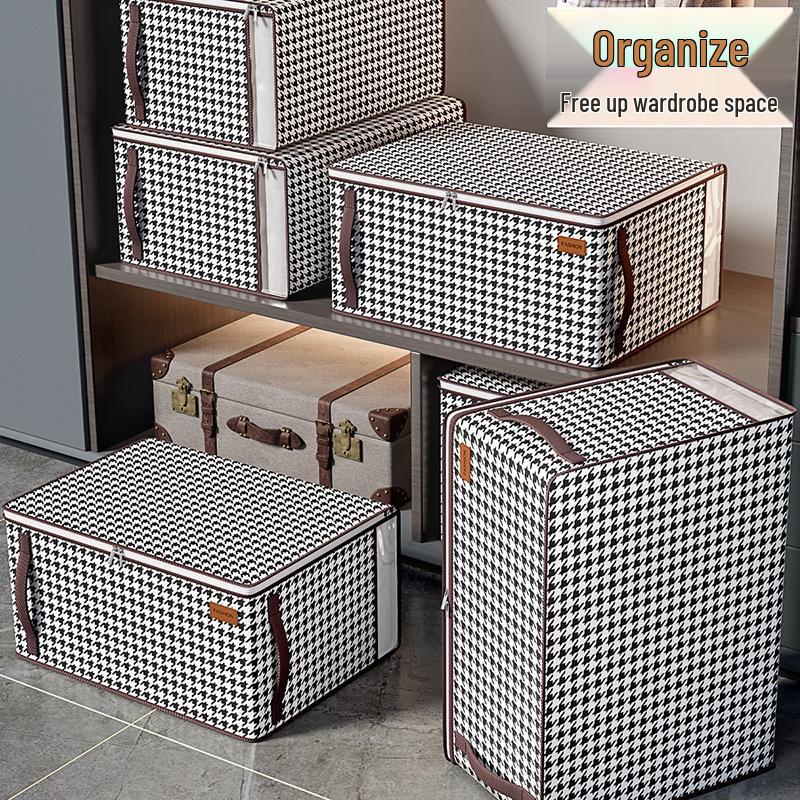 Houndstooth Clothes Storage Bags: Foldable Quilt Box with Lid for Moving & Organizing