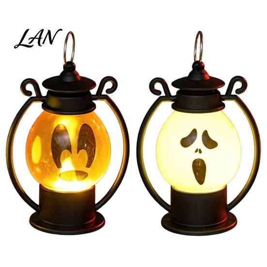 Safe Flameless Candle Halloween Ghost Face Night Light, Portable Retro LED Lamp with Hanging Decorative Lantern Ring, Battery Operated Vintage