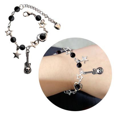 Pulseira Elegante de Coração Estrela Caveira Guitarra Corrente de Pulso com Contas da Moda Joia com Pingente para Amantes de Música e Criadores de Tendências