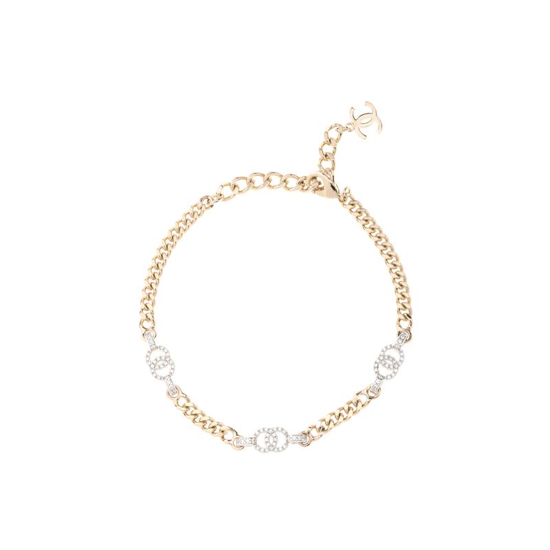CHANEL Double C Metal Crystal Necklace Women's Gold