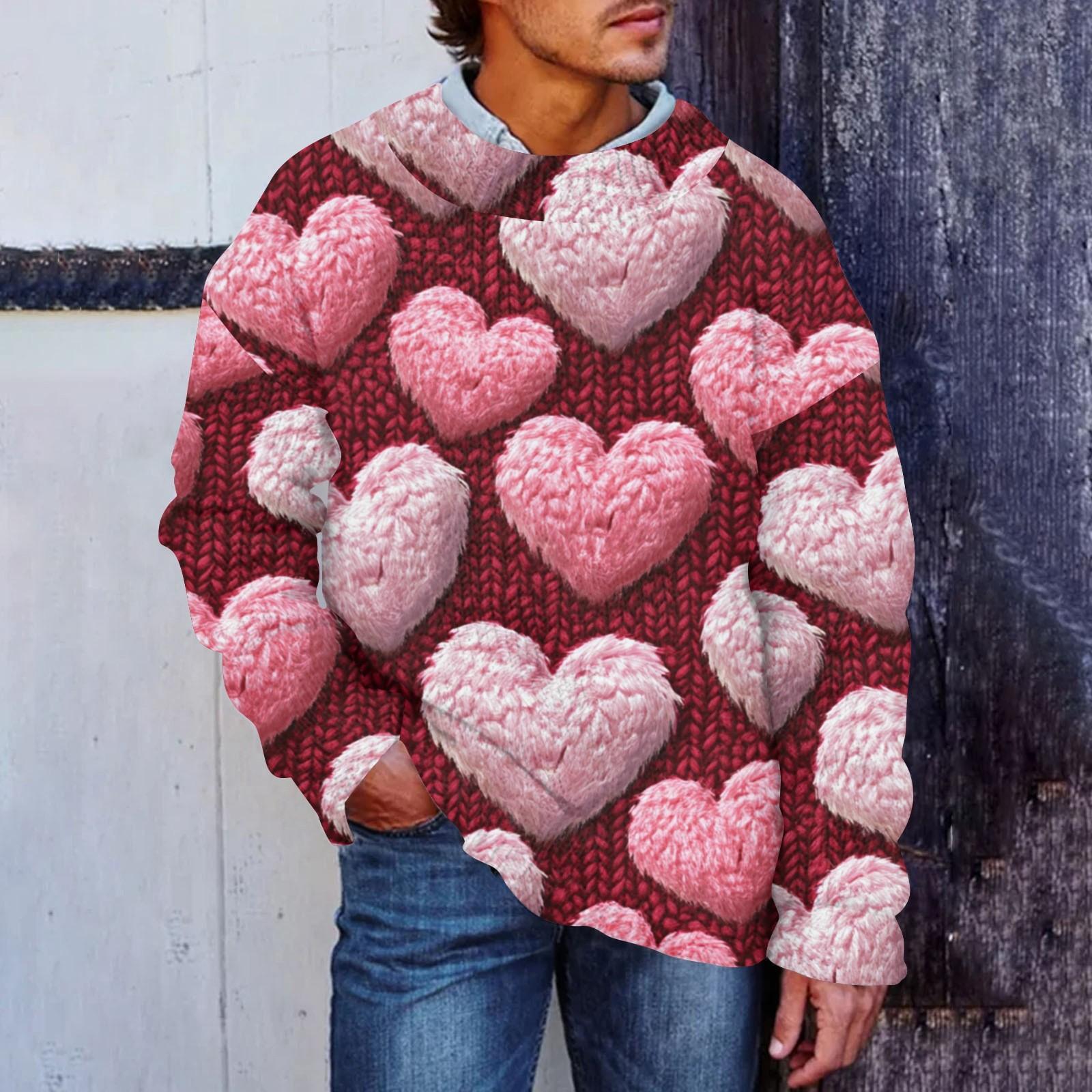 Мужская мода Повседневная кофта с длинными рукавами на День святого Валентина Нежный принтованный свитер с круглым вырезом из шерсти и имитацией цветка Толстовка с капюшоном с круглым вырезом Свободные длинные рукава M 2157₽