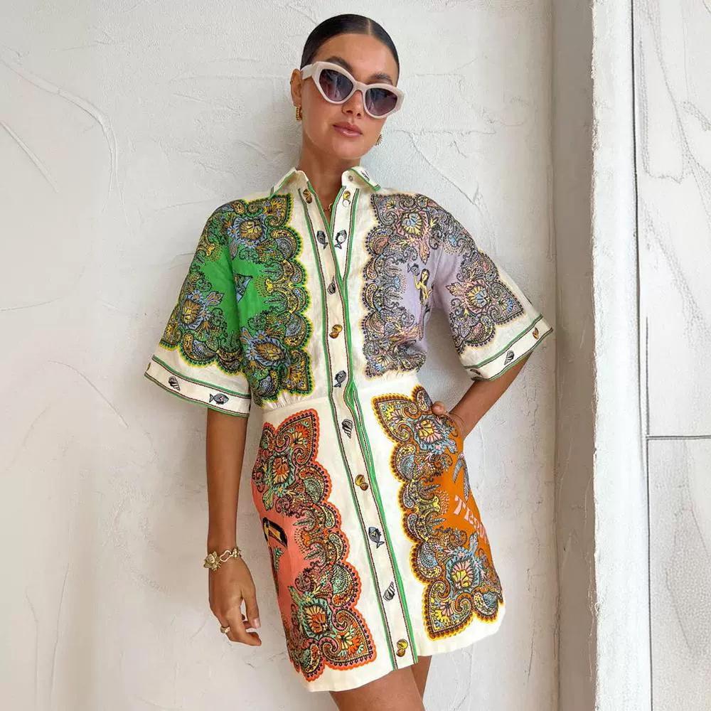 

Trendy European & American Printed Cotton Linen Shirt Dress - Casual Slim Fit Small