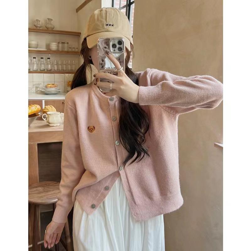 O-Neck Knit Sweater Sweet Cartoon Embroidery Casual Tops Japanese Single Breasted Cardigan Harajuku Sweater