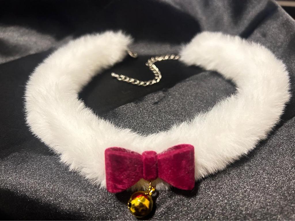 Wine Red Plush Collar Choker with Bell & Bow - Christmas Date Night Accessory