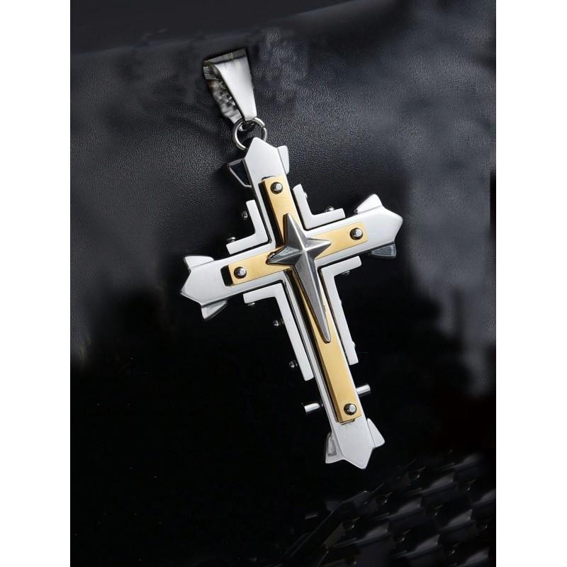 Stainless Steel Cross Pendant Necklace Men Women Geometric Layered Design Gold Black Finish 51-60cm Chain Length