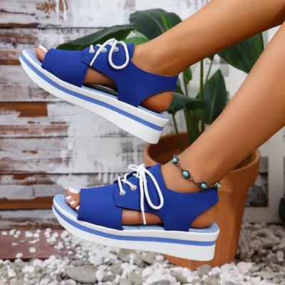 Damen Sandalen mit dicken Sohlen und Keilabsatz 2025 Neue Damen Sommer Sandalen mit offener Spitze und modischem Kreuz-Spitzen-Design