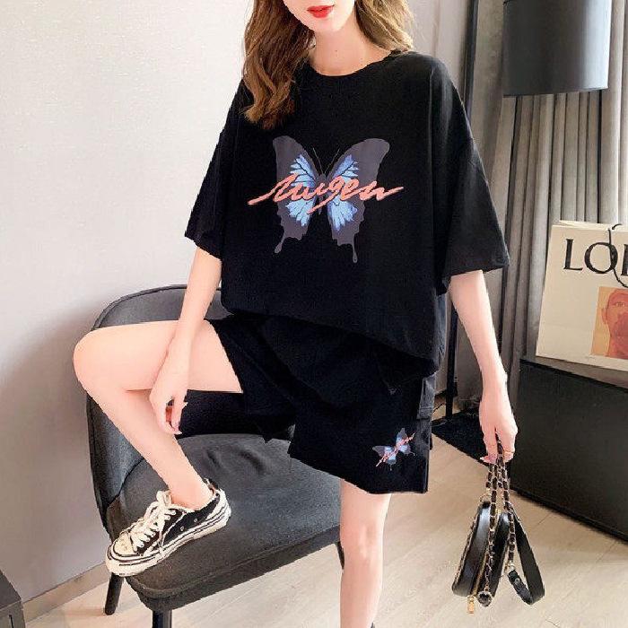 

Спортивный костюм для женщин летний с принтом бабочки новый корейский стиль свободный для полных мм большого размера футболка с коротким рукавом для бега комплект из двух предметов XL чёрный