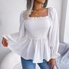 Summer Women Chiffon Shirt Long Sleeve Square Neck Solid Color Tops with Wooden Ears
