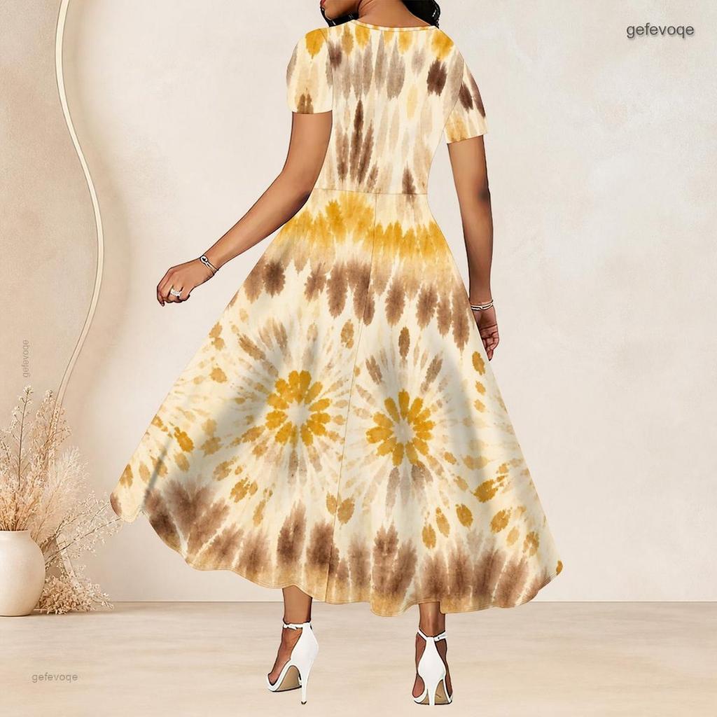 Damen Übergröße Rundhals Kurzarm Batik Print Raffung in der Taille A-Linie Langes Kleid