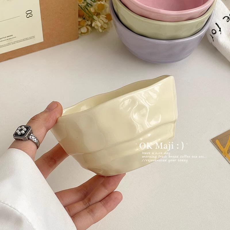 Ins Style Cute Ceramic Rice Bowl Cream Style Tableware High Value Fruit Salad Bowl Oat Yogurt Breakfast Bowl Simple
