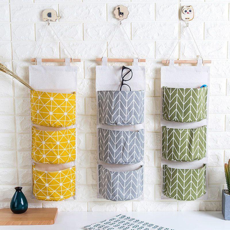 Elegant Space-saving Hanging Storage Bag With Durable Cotton Linen And 3 Pockets For Sundries