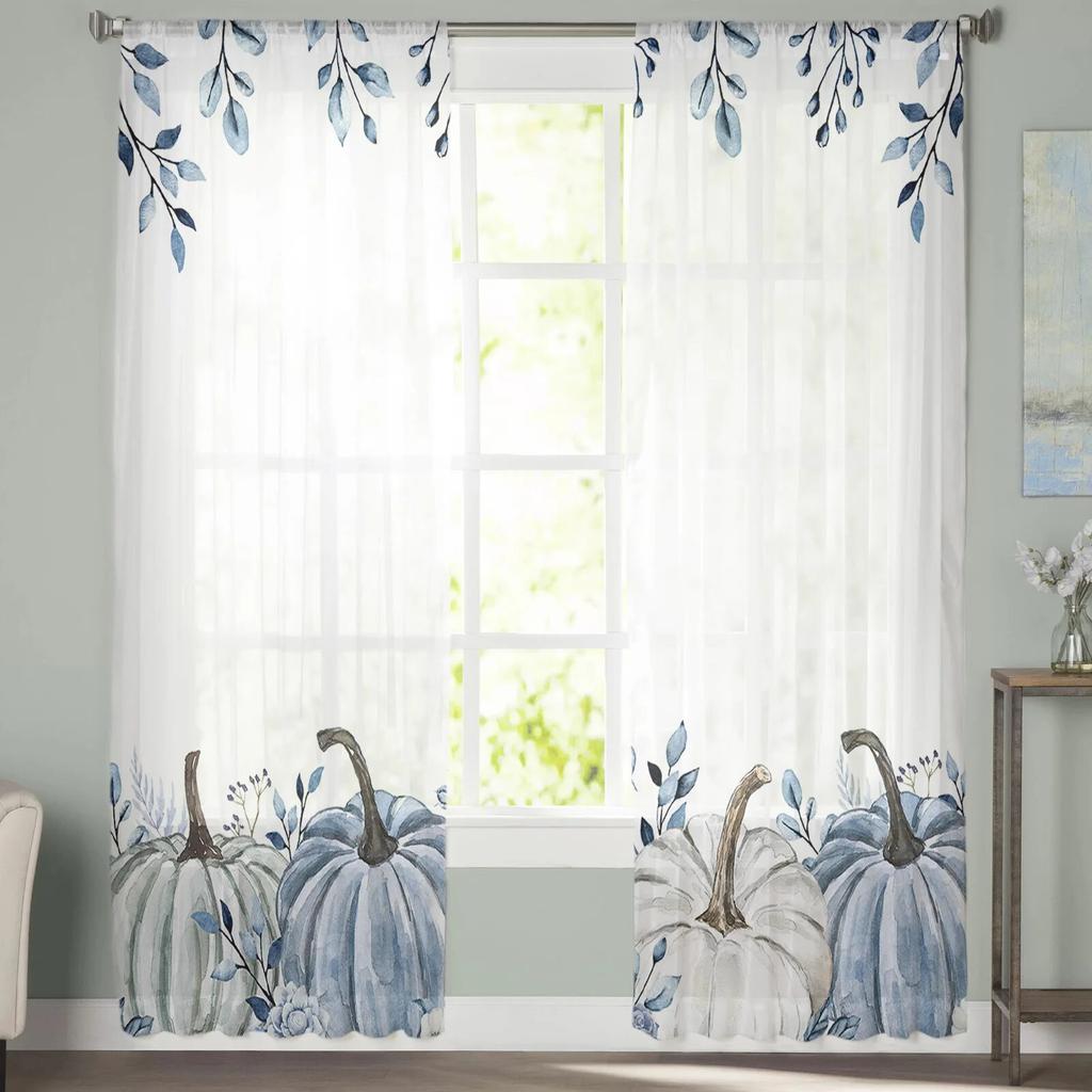 Thanksgiving Eucalyptus Blue Pumpkin Tulle Curtains For Living Room Sheer Curtain For Bedroom Window Blinds Voile Curtains