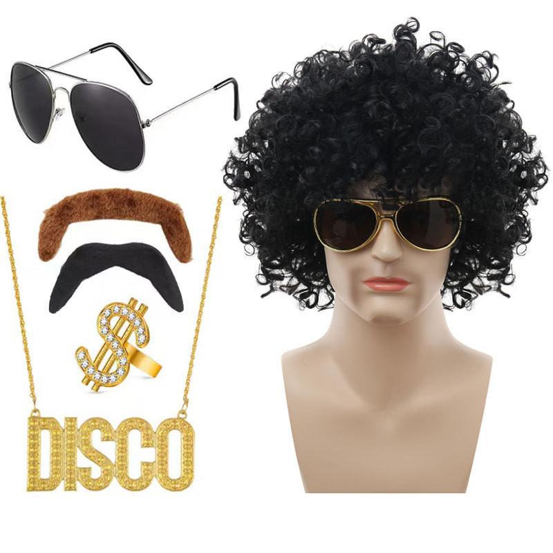 Stilvolles Punk-Perücken-Set mit bunter Disco-Brille und einzigartiger Halskette für Themenpartys