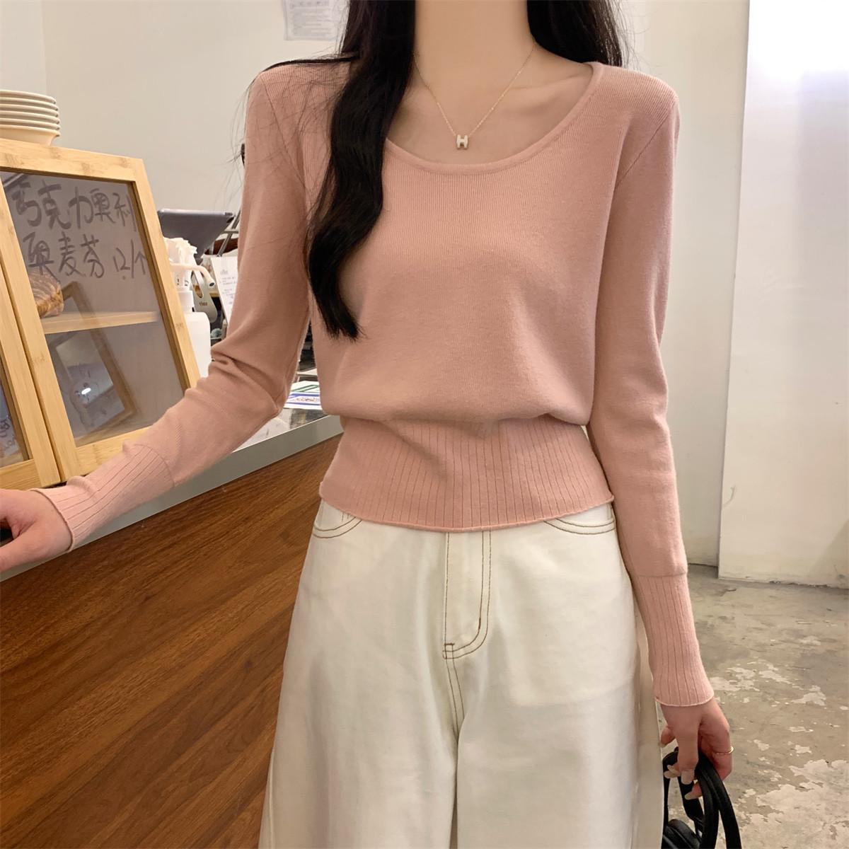 

Crew neck versatile and thin Andy fleece knitted sweater women s autumn and winter new simple style long-sleeved bottoming sweater top L рожевий