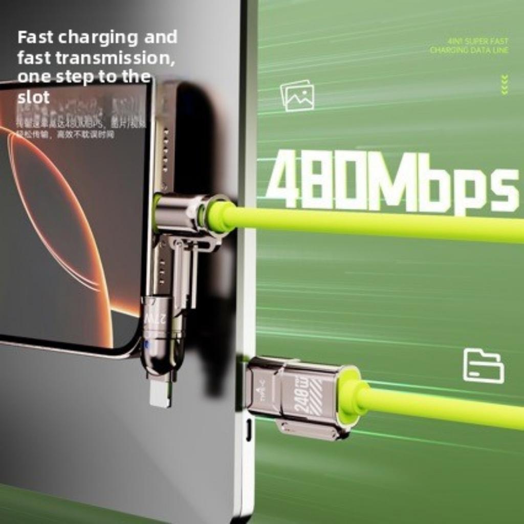 Cabo de Carregamento Rápido 4 em 1 Máximo 240W, com Dois Cabos de Carregamento Traseiros, Equipado com USB-A/Tipo-C/Lightning, Cabo de Carregamento Rápido 4 em 1