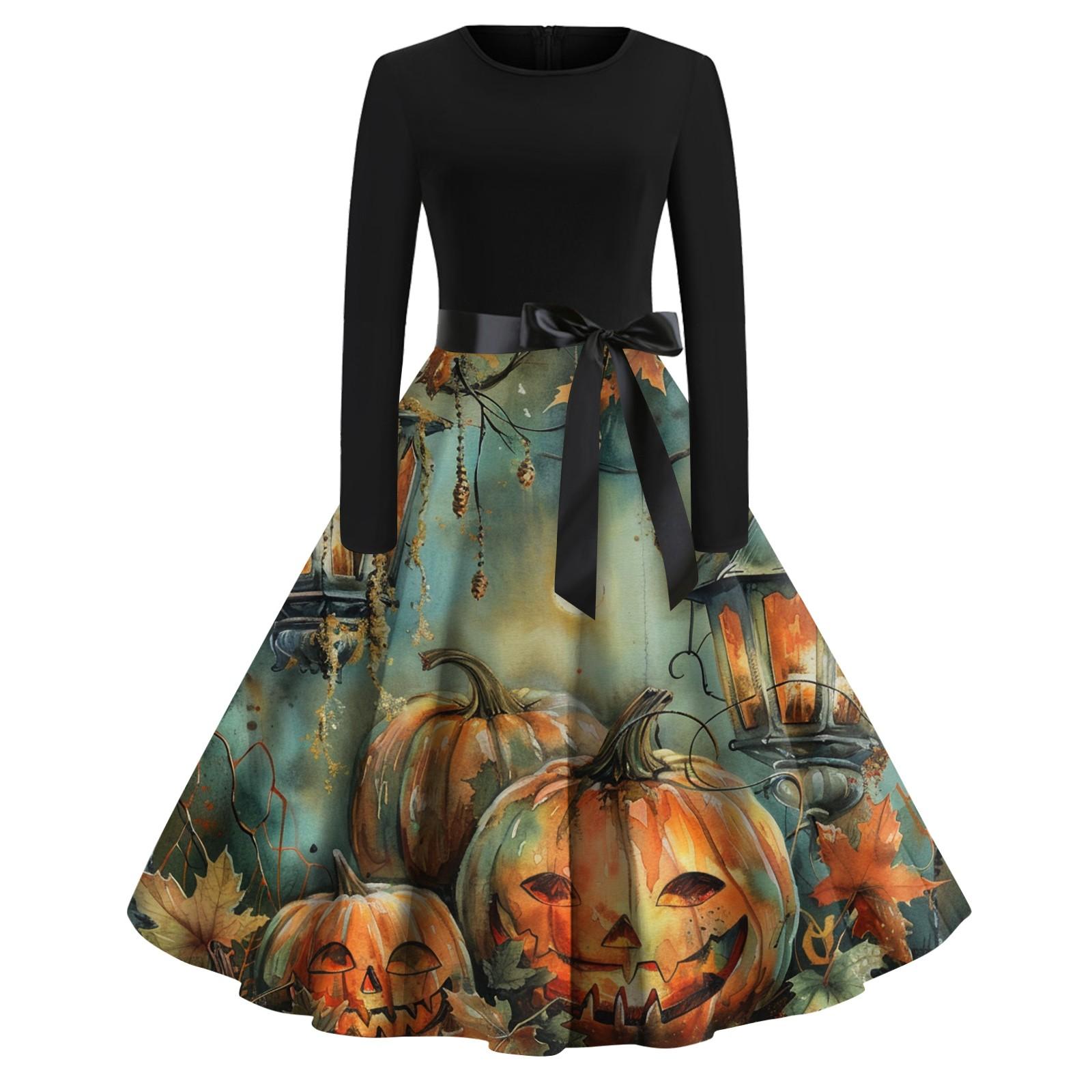 

Платье-клеш с принтом на Хэллоуин для женщин с длинным рукавом, повседневные платья с круглым вырезом и ажурной отделкой S