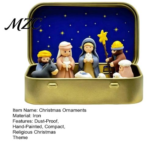 Mini Holy Night Figures Christmas Nativity Set in Tin Box, Hand-Painted Resin Scene Family Figurines, Portable Religious Tabletop Decor, Christian