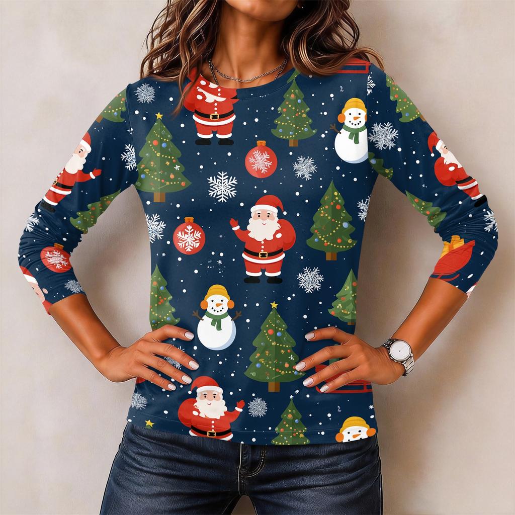 Women's Christmas Print Long Sleeve Neck Pullover Top