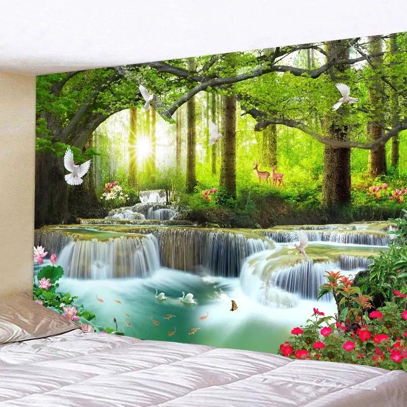 Large wall tapestry of natural forest chalet by the lake, hippie landscape art for home decoration, bohemian wall pendant inspired by nature