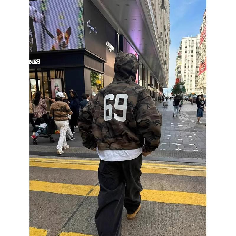 Men's Retro Camouflage Embroidered Hoodie Jacket - Loose Fit, Autumn/Winter Style