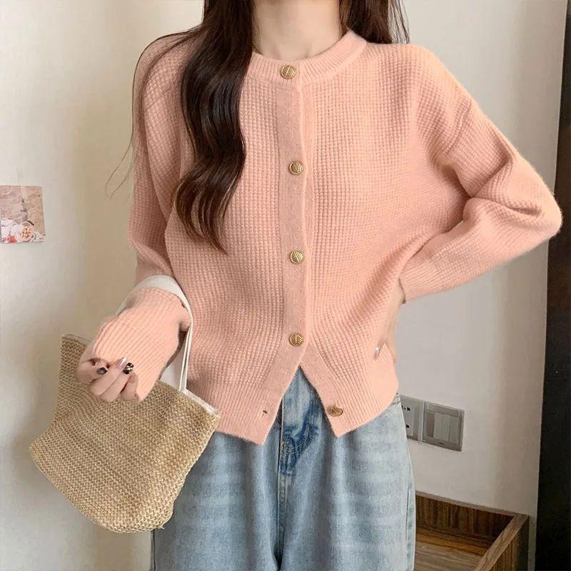 Round Neck Knitted Coat for Women Autumn Winter Gentle Temperament Short Top Thickened Sweater Cardigan