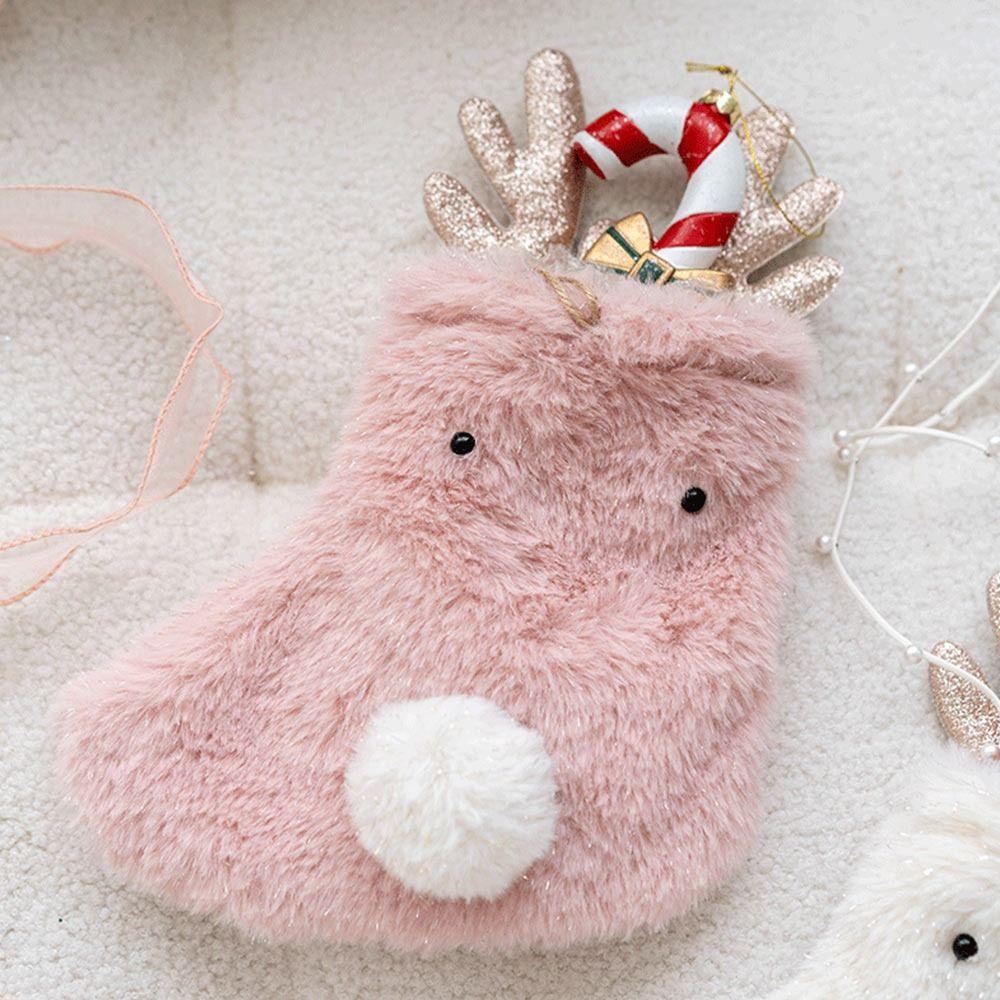 Plush Christmas Stocking Beads Chian Cartoon Elk Shoulder Bag Hanging Decorations Pink White Christmas Gift Bag Chrismtas