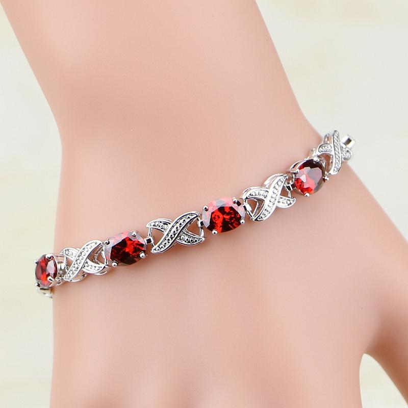 

925 Sterling Silver Jewelry Red Zircon White CZ Chain&Link Bracelet Christmas Gifts for Women Free Gifts Box S102 18.5CM красный