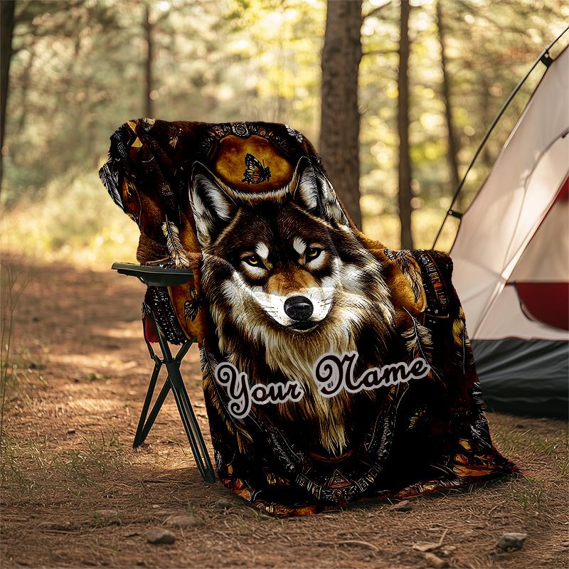1PC Custom Name Wolf Spirit Dreamcatcher Outdooor Flannel Blankets Patterns Throw Blanket All-Season Soft Gift for Couch, Bed, Camping Gifts