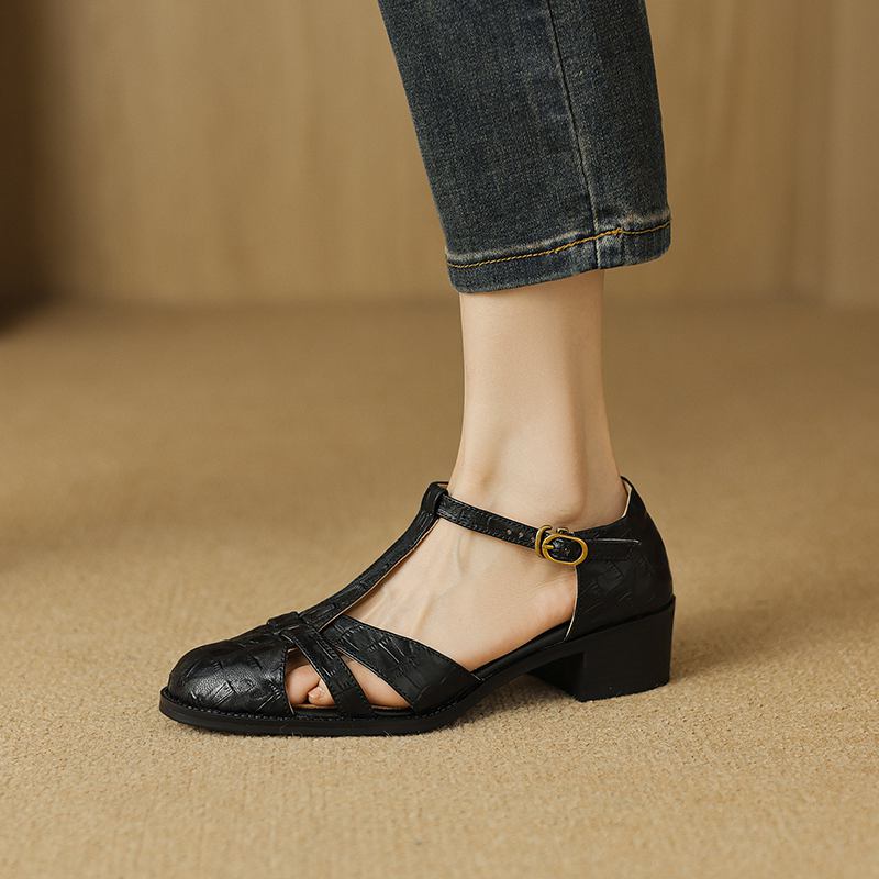 Krazing Pot Sheepskin Buckle Straps Round Toe Med Heels Autumn Summer Prints Leather Mary Janes Women Pumps