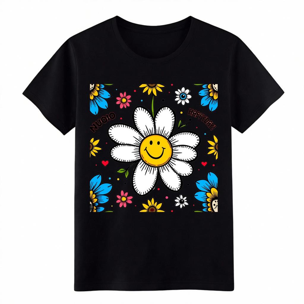 Cute Smiley Face Daisy T-Shirt, Happy Day Floral Graphic Tee for Women Girls