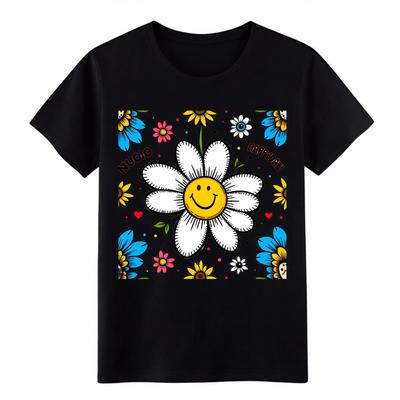 Cute Smiley Face Daisy T-Shirt, Happy Day Floral Graphic Tee for Women Girls
