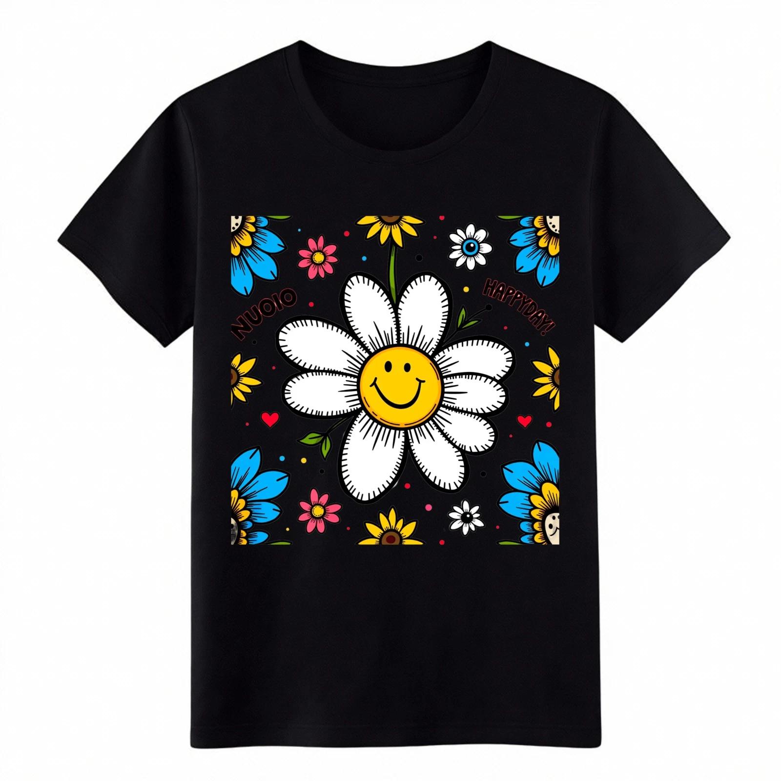 

Cute Smiley Face Daisy T-Shirt, Happy Day Floral Graphic Tee for Women Girls 4XL