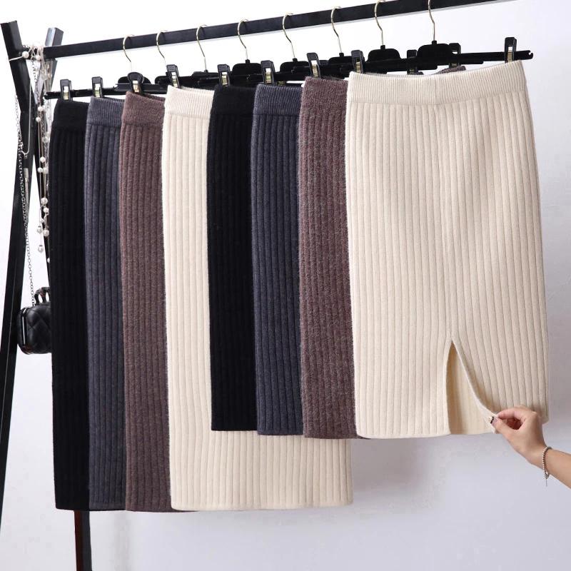 Autumn Women Bodycon Elastic High Waist Sexy Elegant Knitted Straight Skirts