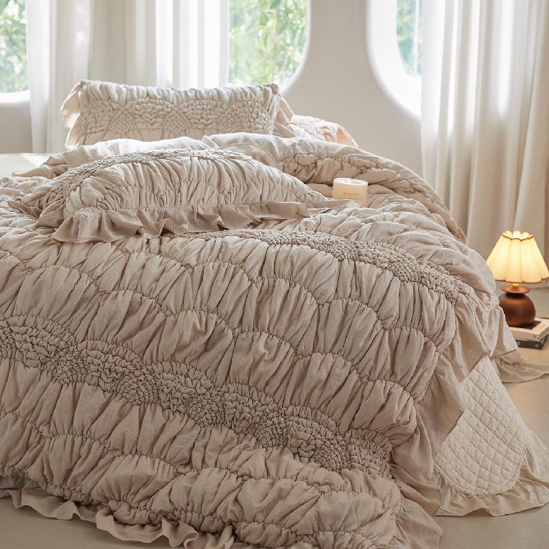 Natural Cotton Quilted Bedspread Bedding Set 4-PC, Princess Ruffled Lace Versatile Duvet Cover Pillowcase 3-PC,Use as Bedspread