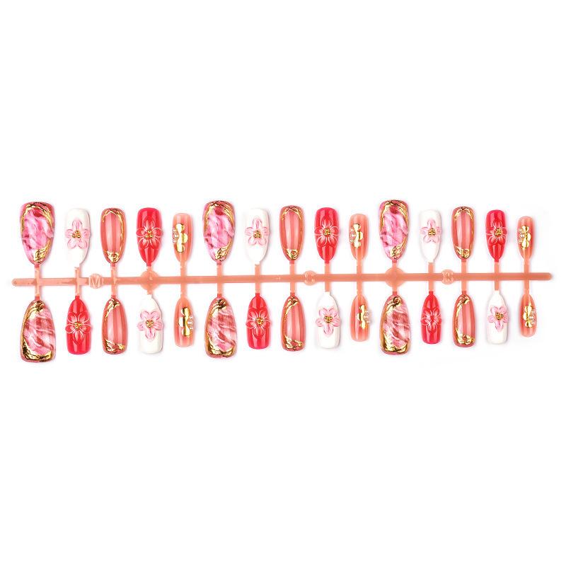 Gold Foil 3D Almond Blossom Gradient Rhinestone False Nails - 30 Pieces