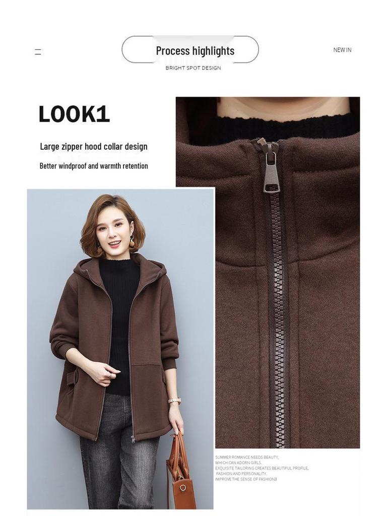 Women's Fleece-Lined Hooded Cardigan - Autumn/Winter 2024 Casual Loose Fit for Middle-Aged Moms
