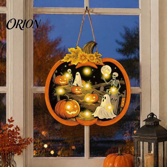 Dark Academia Room Decor Halloween Wooden Pumpkin Sign, LED Light Up Ghost Hanging Gothic Home Accessories Wall Sign for Indoor Outdoor Holiday Party