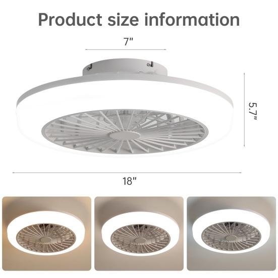 18palcový uzavřený stropní ventilátor se světlem a dálkovým ovládáním, Moderní nízkoprofilový bezlopatkový stropní ventilátor pro montáž na strop do ložnice, kuchyně, jídelny
