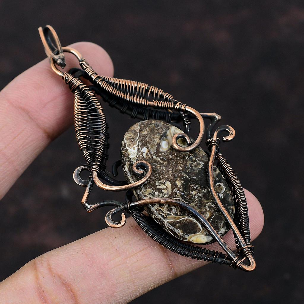 Turritella Achat Anhänger Kupferdraht gewickelter Anhänger Turritella Achat Edelstein Schmuck Handgefertigter Anhänger Kupferdraht Schmuck Anhänger zum Verschenken